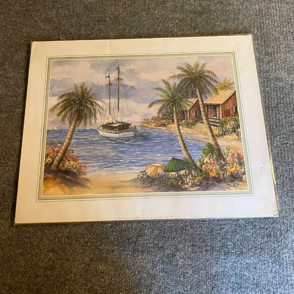 Tropical Beach Scene Litho Art Print By Jackie Sailboat VTG 1999 Scafa Art 20x16 - Picture 1 of 12